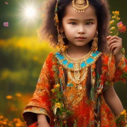 subtle indigenous child, beautiful portrait, flowery landscape, light, sun