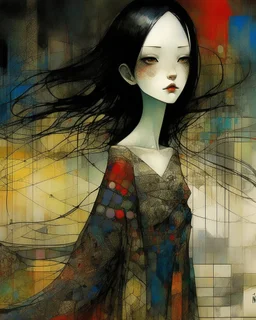 No corners drawing lines dots Kandinsky A full-body pretty African Asian moon goddess draped in flowing celestial fabric walks on water beneath a glowing full moon. Her gown unfurls like clouds, catching starlight and golden dust in the night air. The scene is surreal and divine, with painterly textures and a balance of shadow and illumination vertical Award winning imagery trompe l'oeil 3D surrealism masterpiece of Odilon Redon's dreamlike surrealism. kintsugi painting of abstract squares creat