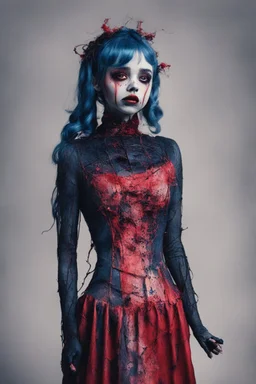 full body color, illustration of a darkblue and red tones, menacing, Singer Melanie Martinez face, as a decayed, broken, skin turned translucent, black veins that extended like roots beneath her skin, latex suit, crude homemade cloth doll toy, with a narrow cracked porcelain face, thick dark eyebrows, hair in two gradually, made from ragged strips of cloth, in the style of Alex Pardee, Tim Burton, and Nadya Sheremet