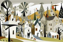A white village with windmills near a forest designed in African masks painted by Clyfford Still