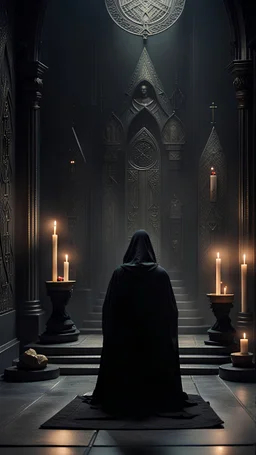 At the entrance to the gloomy sanctuary, in the distance an eerie figure in a black robe sits on a throne, near the figure there is an altar with tarot cards, the atmosphere is eerie, weak light from candles