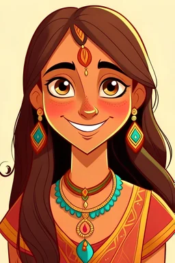buatkan saya gambar kartun seorang gadis remaja india berusia sekitar 20 tahun dengan wajah dan senyum manis menggunakan pakaian khas india