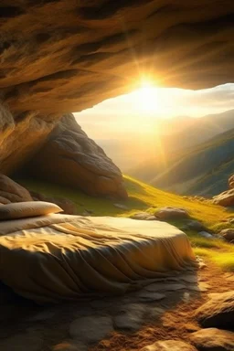 Imagine a surreal landscape at sunrise with a cave tomb in the side of the hill and a stone slab rolled back from the entrance. Inside the cave you can see a shroud folded neatly on the bed where a body would lay