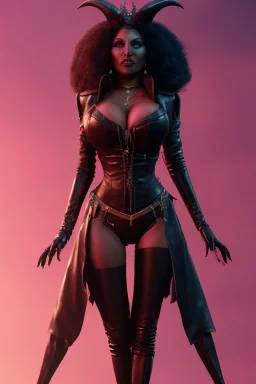 Pam Grier as evil queen in black leather, leather, busty, cleavage, angry, stern look. character design by cory loftis, fenghua zhong, ryohei hase, ismail inceoglu and ruan jia. unreal engine 5, artistic lighting, highly detailed, photorealistic, fantasy