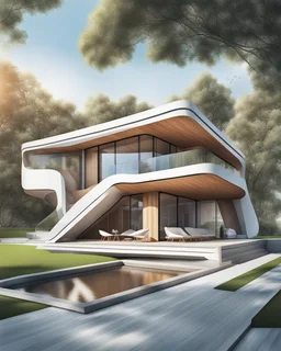 Casa campestre arquitectura Zaha Hadid Estilo de dibujo a lápiz de color, calidad ultra hiperdetallado, arte digital, 3D 8k, clima de verano vista aerea