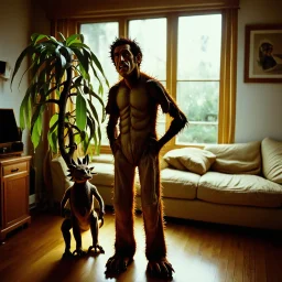 Close-up polaroid of ultra realistic odd monster, part man, part plant, and part animal in a living-room, vivid, ultra realistic, Egon Schiele, hypermaximalist figures, light, Italian 1970's odd movie, hilarious, fine art, Minicavio Quollati style, photography by Marlost Endgulp, dark atmosphere, obsessive, 4k, sharp focus, 3d, photorealism