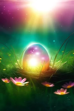 Opened egg in the cosmo: a beam of light coming out from it; soft meadow covered in flowers, smooth and lightful