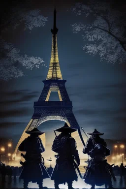 Samurai in Paris at night in front of the Eiffel TowerAnd a gang of ninjas