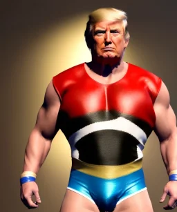 Realistic image of Donald trump wrestler, Mexican wrestling style, liner eye glow makeup, red and blue breeches, suspenders, retro style, 80s, red, gold, vibrant color, highly detailed, clean background, concept art, unreal engine 5, god rays, ray tracing, RTX, lumen lighting, ultra detail, volumetric lighting, 3d, finely drawn, high definition, high resolution.