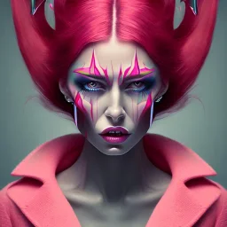 crystal clear blue eyes, and dark pink hair, teardrop shaped eyebrows, woman, angry expression, pointy ears