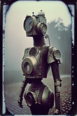 steampunk, vintage analog polaroid of a woman robot, female body, fog, lomography, heavy film grain, rain, color bleed, depth of field, bokeh, retro