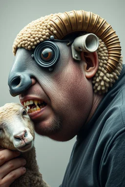 side profile, with heading (autofarm) in poster form,a portrait of a fat head mechanic sheepman, man is eating a hybrid mixed body part sheep, giant eyes sheep alien style H.R giger look. as one headed mouth open, rough teeth, turn head, yummy yummy