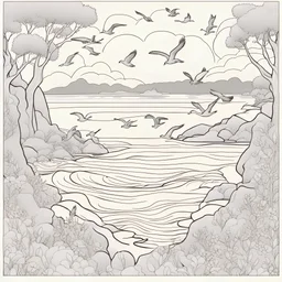 coloring page of A coastal inlet with seabirds soaring above the waves,stone,cute flowers,cute trees, much details, dark outlines,vector --ar 2:3