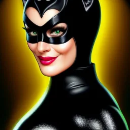 ultra detailed fullbody portrait of busty beautiful CatWoman, wearing skintight Black costume, extremely detailed digital painting, intrincate, extremely detailed smiling face,crystal clear Big Green eyes, in the style of Adam Hughes , mystical colors , perfectly centered image, perfect composition, rim light, beautiful lighting,8k, stunning scene, raytracing