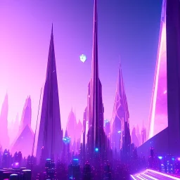 A very beautiful futuristic city, elegant, small crystal edifices, atmospheric, realistic, cinematic lighting, pink blue light, 8k, galactic atmosphere, flowers