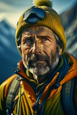 portrait of mountain climber in the Alps as a gold fish,shot on Hasselblad h6d-400c, zeiss prime lens, bokeh like f/0.8, tilt-shift lens 8k, high detail, smooth render, down-light, unreal engine, prize winning