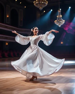 For a known Azeri female dance choreography, the most iconic and recognizable style is the **"Naz Elama"** or the **"Lale" (Tulip)** dance. These dances are characterized by fluid, swan-like arm movements, intricate hand gestures, and a very smooth "gliding" step where the dancer appears to float across the floor. in a modern huge stage in a royal hall