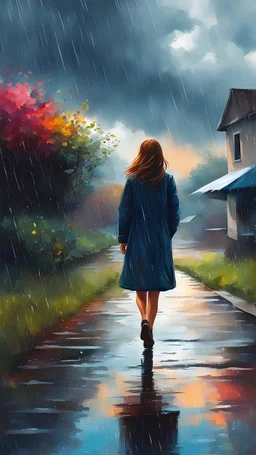 girl from behind walking in far view, surrounded by rain in the yard and strong wind and cloudy sky, sound of rain, calm, poetic, vibrant colors, digital painting, meticulous detail