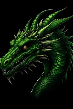 Green color unrealistic dragon head art, childish, not detailed, cute, black background,