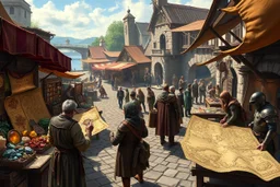 A wide shot of the Expeditioners' Market in an open riverside plaza, medieval fantasy style with realistic detail and hints of mystery. Colorful canvas awnings shelter stalls displaying exotic treasures - glowing minerals, unfurled ancient maps, and mysterious artifacts. In the foreground, merchant Pietro shows an enigmatic device to intrigued customers, while nearby Anya spreads a detailed map before a group of armored adventurers. Market stalls create winding paths filled with diverse shoppers