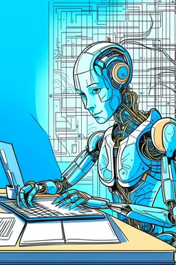 generate a front cover representation of Ai attractive female humanoid bot writing a book at a desk in a comic book style