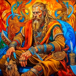 viking holger danske, transulent swirling beard and hair, his sword is golden, siting on his throne with wolfes on each side, alkohol ink, background swirley colorful with painted dragon on the wall, background colorful