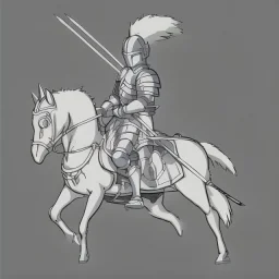 pencil sketch from side, little knight on the horse in armor with lancet charging, clip art