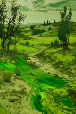 An olive green wasteland near an abandoned plague town painted by Vincent van Gogh