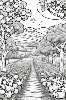 coloring page, apple orchard, cartoon style, thick lines, low detail, no shading