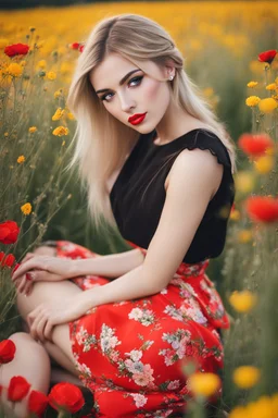 Beautiful russian girl, blonde hair, bold lipstick, wild color full flower field, braided bangs, braided bobcut, solo, apron,thick thighs, side-tie panties, black hair, 18yo,(on back:1.2) ,red dress, portrait