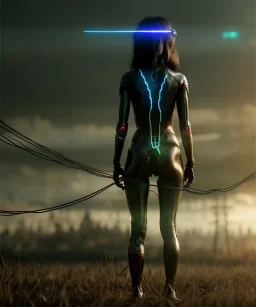 Ultra realistic photographic night portrait, cinematic, naked, long hair, latex <sexy woman> <hanging wires> many wires coming out of the head <perfect pupil> <cyborg> <garage> <wide angle Shot> <sci-fi futuristic> <thriller>, fog, soft color, highly detailed, unreal engine 5, ray tracing, RTX, lumen lighting, ultra detail, volumetric lighting, high definition.