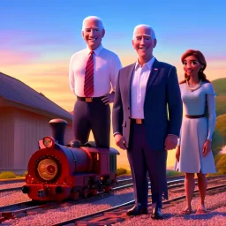 President Biden and his family with a train, 8k, realistic body, with a fedora, sunset background,
