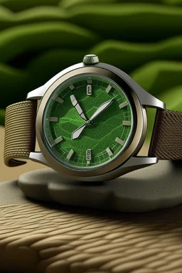 Generate a realistic image of an aventurine dial watch in an outdoor adventure setting. Showcase the watch being worn during activities such as hiking, camping, or exploring nature. Emphasize realistic lighting and reflections to convey the watch's durability and stability in adventurous situations.