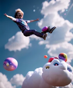 Ultra realistic clouds sky scene, wide angle, medium shot view, portrait, sweet Child, free jumping flying, trinkets, monster hair, jelly beans, balls, smile, happy, circus style, inflatable color clothing, extreme, wind, clouds sea, 20,000 feet altitude, stratosphere, soft color, highly detailed, unreal engine 5, ray tracing, RTX, lumen lighting, ultra detail, volumetric lighting, 3d, finely drawn, high definition, high resolution.