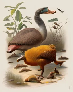 John James Audubon-like illustration of a fully uncropped Dodo bird and a Platypus in a landscape of warm yellows, warm reds, and warm blues