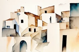 abstract minimalist geometric watercolour of a Greek village on rough textured bumpy plaster wall