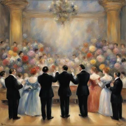 from perspective behind the stage the Four Tenors bowing in front of adoring opera crowd at the Met opera house, high society black tie affair, opera motifs and aesthetic, beautiful elegant impressionist painting by Renoir, loose brush strokes, colorful, dramatic, bouquets of flowers being thrown