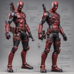 Plastic action figure of Deadpool technical schematic, pivot joint, rotational arrows, "how it works" engineering schemata,