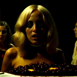 Horror movie shot, spooky, hot, ultra realistic, dine, black, ultra realistic hot blonde women, party, pieces of meat, organs, ail, dynamic, very excited people, hypermaximalist figures, they come, 1970's Italian horror movie, sinister, enorme cazo, Dario Argento, Stanley Kubrik, ornate, 4k, photorealism