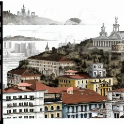 Skyline+city on inslands+Trainstation on cliff+Beaux Arts architecture mixed withVignola classicism +palladio+detailed facades+uphill road+trees+Bueno Aires genoa+trieste+cuba+biopunk+Book illustration by Gediminas Pranckevičius, Jean Baptiste Monge, Brian Kesinger, Anton fadeev, Kilian Eng, strong lines, high contrast vibrant colors, highly detailed, 16k resolution, trending on behance