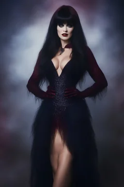 full body portrait - Elvira, Mistress of the dark, black dress - 32k, UHD, 1080p, 8 x 10, glossy professional quality digital photograph - dark blue and dark red, and light maroon and purple and foggy black gradated background, historic, powerful, octane rendering, exquisite detail, 30 - megapixel, 4k, 85 - mm - lens, sharp - focus, intricately - detailed, long exposure time, f8, ISO 100, shutter - speed 1125, diffuse - back - lighting, ((skin details, high detailed skin texture)),