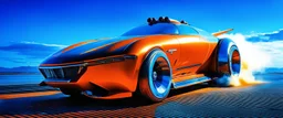 A national geographic award-winning photograph of a military fighter jet station wagon elephant hybrid bilaterally symmetrical designed by skunkworks, only one vehicle per image painted metallic orange traveling at a high rate of speed, jet intake off of the front center of vehicle and jet exhaust out the rear with bright blue flame soviet retrofuturism, cassette tape futurism, sleek but squared, tremendous nuclear powered engine