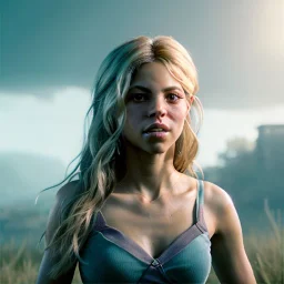 Shakira, 40 years old, artist, Realistic image, waist up portrait.eyes make up, perfect, glow, circle iris. concept art, smooth, unreal engine 5, god lights, ray tracing, RTX, lumen lighting, ultra detail, volumetric lighting, 3d, finely drawn, high definition, 4k.