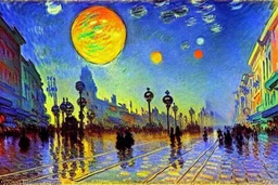 Epic futuristic street, exoplanet in the sky, konstantin korovin and claude monet impressionism painting