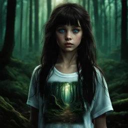 12 year old girl with dark tangled hair and blue eyes wearing a ripped and dirty white teeshirt, in a forest , photorealistic, dark fantasy