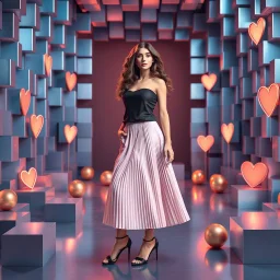 make a picture pretty stage made of metallic blue-gray teme 3d recursive cubic and sphere and heart simbol lights s base structures and a beautiful fashion model lady standing with cute in scene with sexy top and pretty pleated midi skirt ,makeup curvy long hair,dynamic camera zoom to full body and pan, dynamic lights.