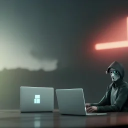 Hacker sitting at laptop, award winning photograph