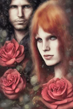 Jim Morrison and Pamela Courson ,music, ignoreNSFW, watermark, bohemian style , blurry,beautiful,elegant,roses, fantasy by ann dittman