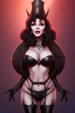 Joan Collins as evil queen in black leather, leather, busty, cleavage, angry, stern look. character design by cory loftis, fenghua zhong, ryohei hase, ismail inceoglu and ruan jia. unreal engine 5, artistic lighting, highly detailed, photorealistic, fantasy