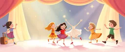 illustration of children playing and dancing. fantastic lighting, children's book proportions, on a light background